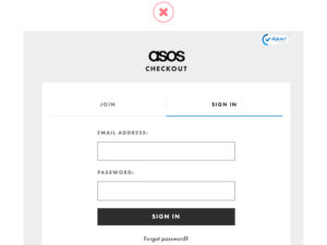 DON’T: Su Asos viene offerta la possibilità di creare un account nella fase di selezione dell’account. Il processo è molto lungo, portando gli utenti in alcuni casi ad abbandonare il checkout.